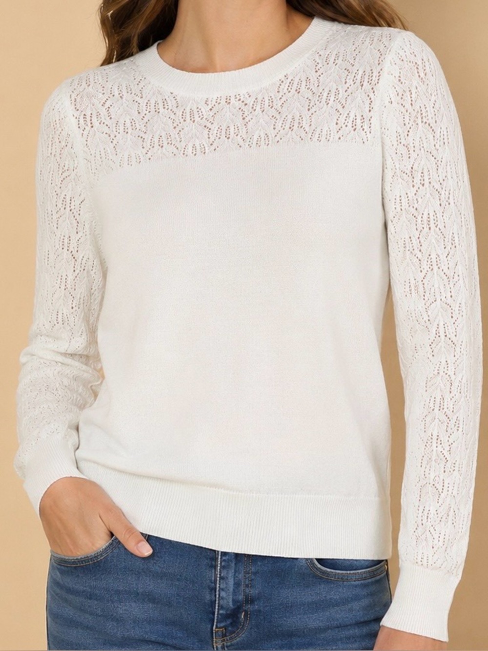 Liz Claiborne Cream Lace-Panel Crewneck Sweater